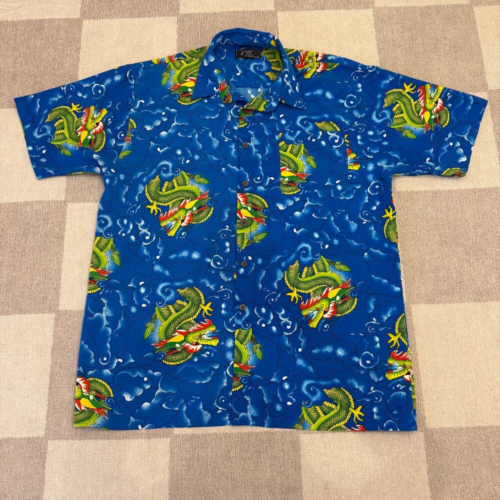 🐉 Trust Dragon Print Button Up Shirt XL Blue 🐉